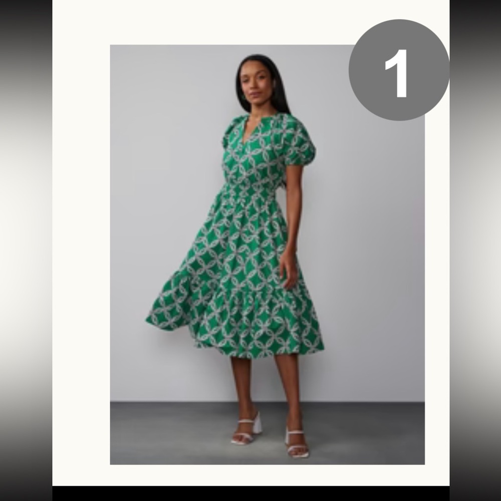 NY & Co V-Neck Geo Tiered Midi Dress Green Size M